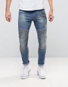 Asos Super Skinny Jeans With Double Zip And Biker Details In Mid Blue Wash - Blue