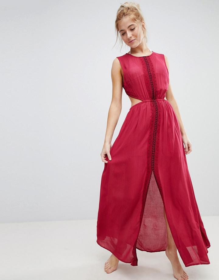 En Creme Maxi Dress With Lace Slits And Embroidery - Red