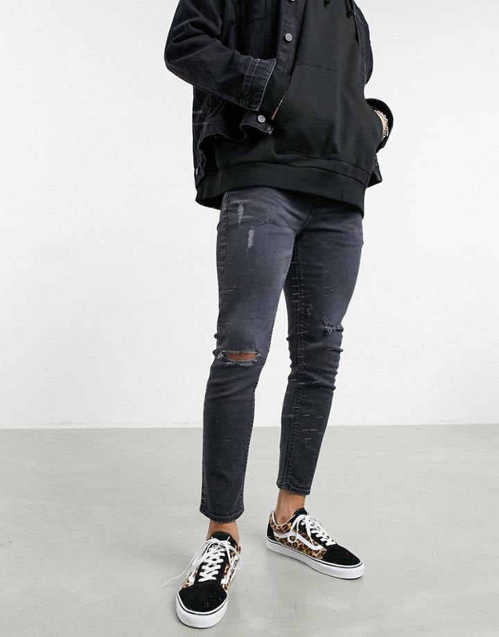Asos Design Cropped Skinny Jeans In Black Wash With Rips - Black