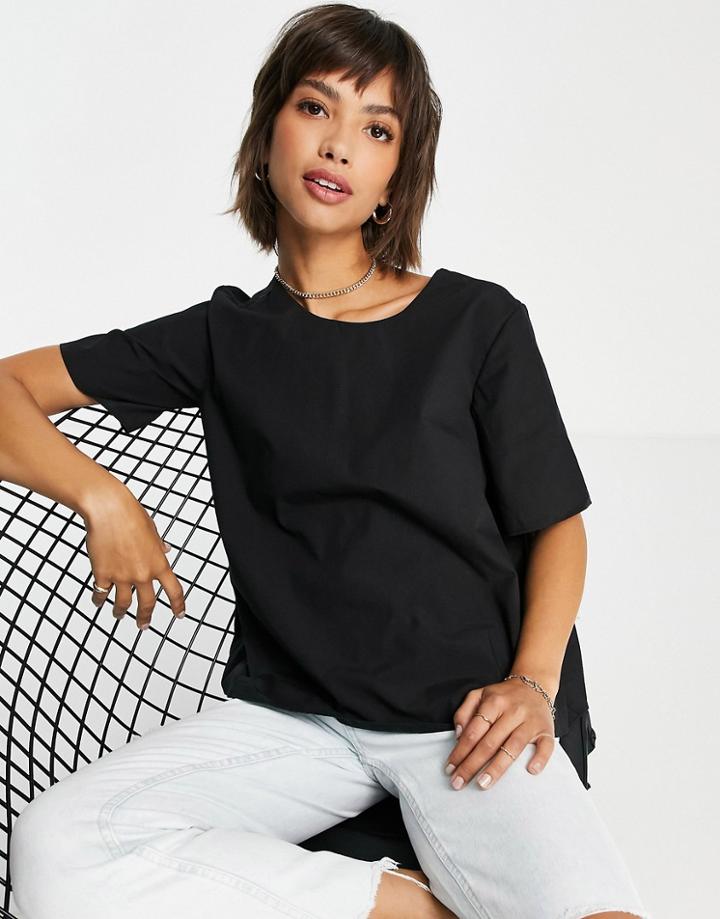 Asos Design Short Sleeve Cotton Top With Back Pleating In Black