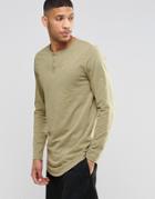 Asos Slub Longline Long Sleeve T-shirt With Grandad Neck In Green - Green