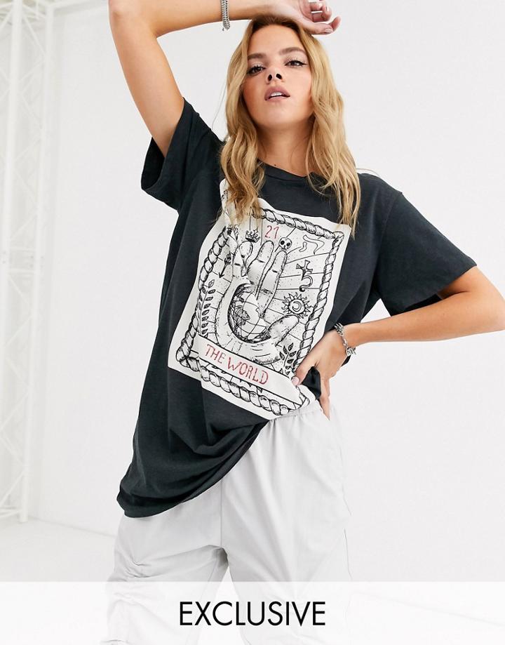Noisy May Oversized Tee With Tarot Print-gray