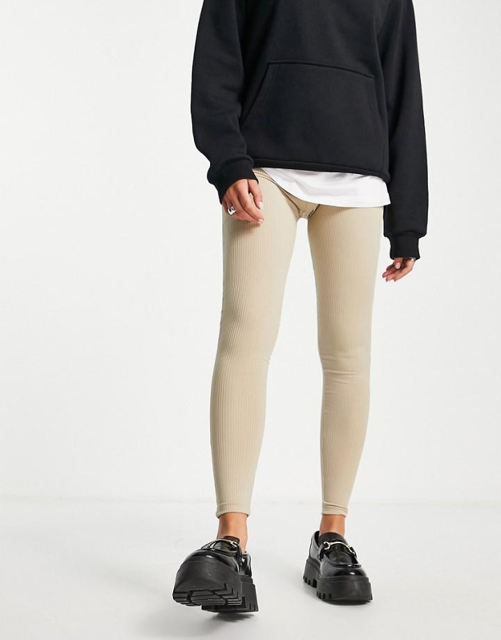Topshop Skinny Rib High Waisted Legging In Taupe-gray