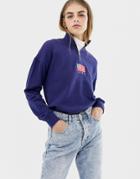 Daisy Street Relaxed Sweatshirt With Half Zip And Flag Embroidery - Navy