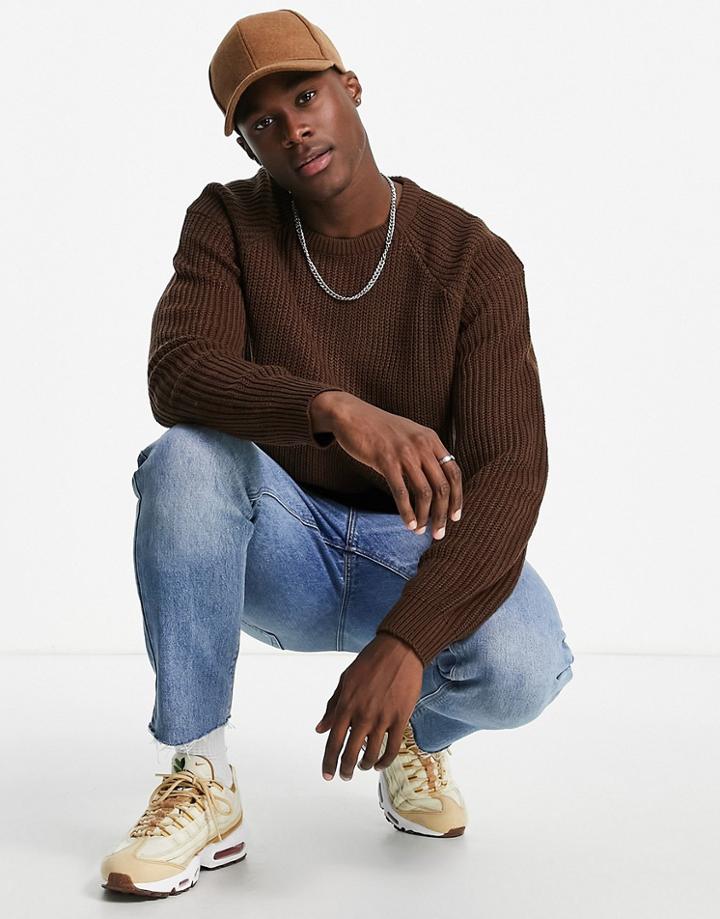 Threadbare Oversized Heavy Fisherman Knit Sweater In Midnight Brown
