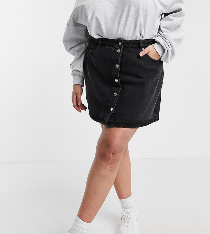 Asos Design Curve Denim Button-up Skirt In Black
