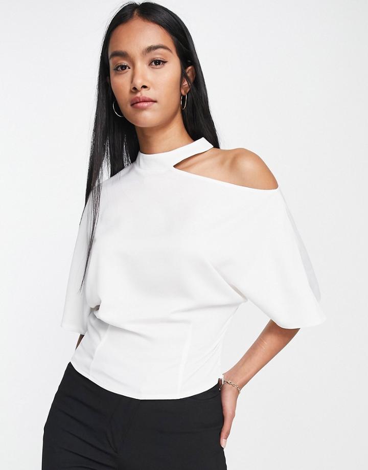 Asos Design Cold Shoulder Cut Out Slim Tee In Ivory-white