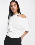 Asos Design Cold Shoulder Cut Out Slim Tee In Ivory-white