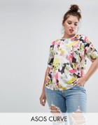 Asos Curve T-shirt With Ruched Sleeve Detail In Abstract Print - Multi