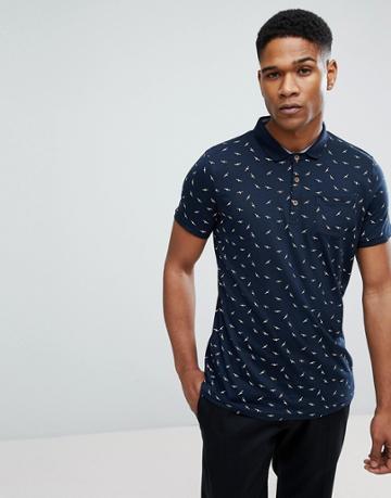 Brave Soul All Over Bird Print Polo - Navy