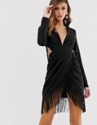 Asos Design Mini Tux Dress With Fringe Detail-black