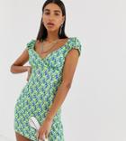 Reclaimed Vintage Inspired Tea Wrap Front Dress In Logo Print - Green