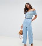 Asos Design Tall Denim Shirred Bardot Jumpsuit In Lightwash Blue - Blue