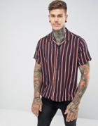 Asos Oversized Viscose Stripe Shirt With Revere Collar - Navy