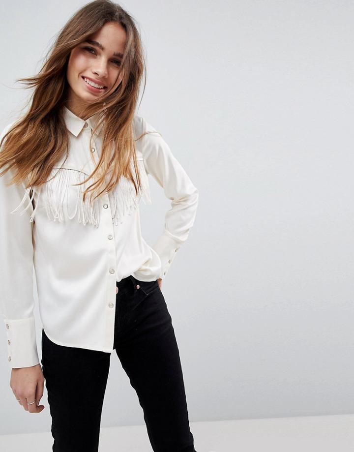 Asos Satin Western Shirt With Fringe - Cream