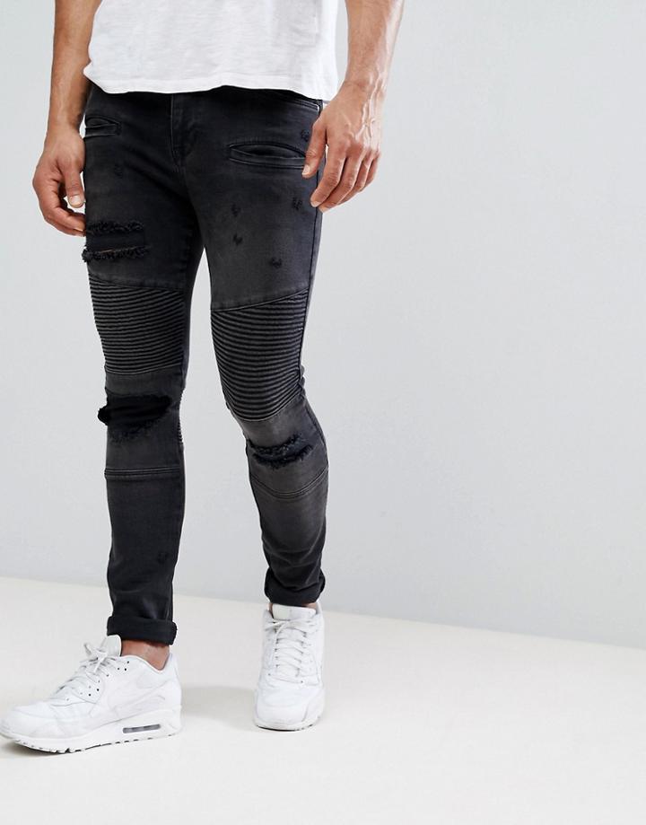 Asos Design Super Skinny Jeans With Abrasions In Biker Style - Black