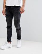 Asos Design Super Skinny Jeans With Abrasions In Biker Style - Black