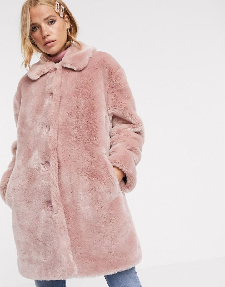 Asos Design Faux Fur Button Through Coat In Pink