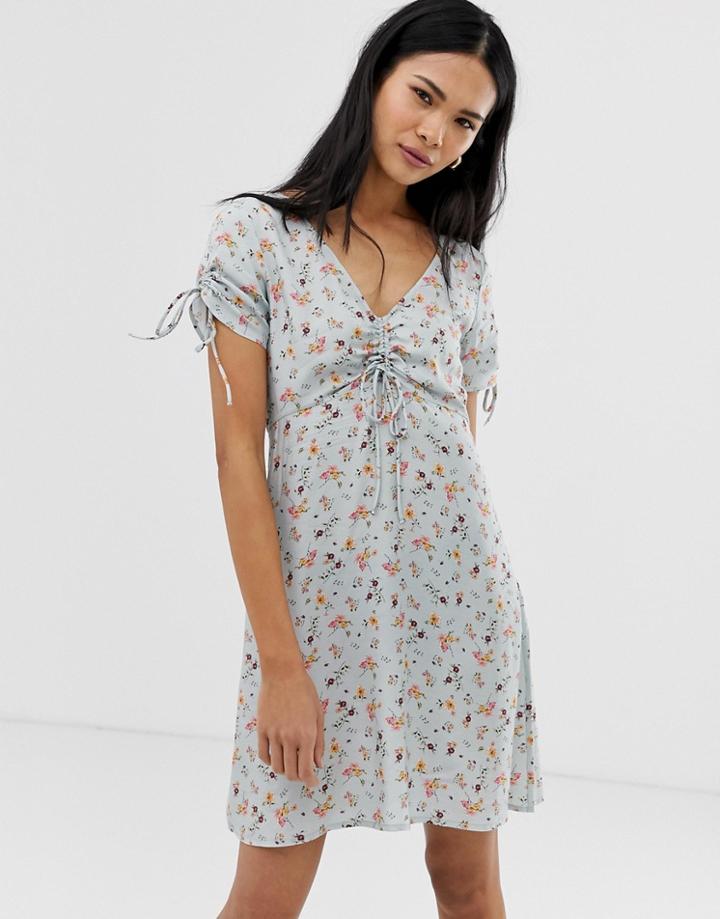 Stradivarius Sweetheart Floral Neck Dress - Blue