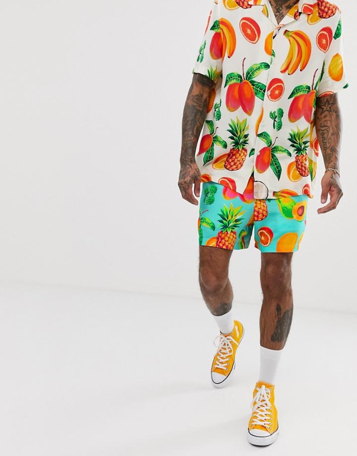 Asos Design Two-piece Slim Shorter Shorts With Fruit Print-white