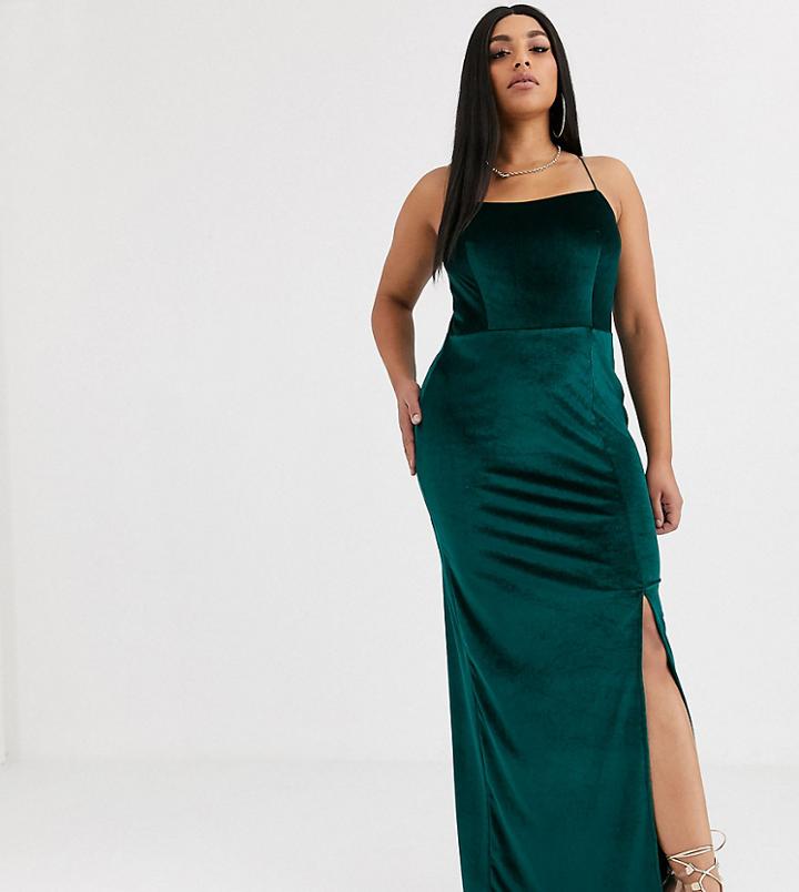 Club L London Plus Velvet Square Neck Maxi Dress With Thigh Split In Green