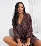 Asos Design Petite Mini Plisse Long Sleeve V Neck Dress In Red Micro-floral