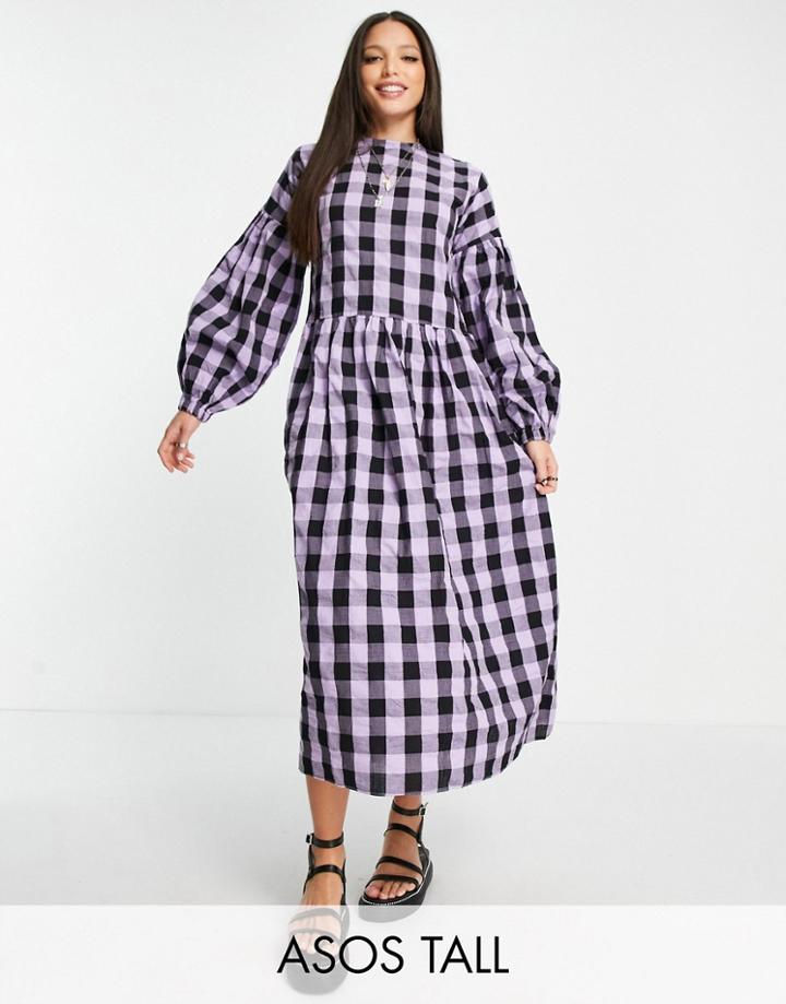 Asos Design Tall Dropped Shoulder Super Oversized Smock Midi Dress In Lilac Gingham-multi