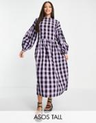Asos Design Tall Dropped Shoulder Super Oversized Smock Midi Dress In Lilac Gingham-multi