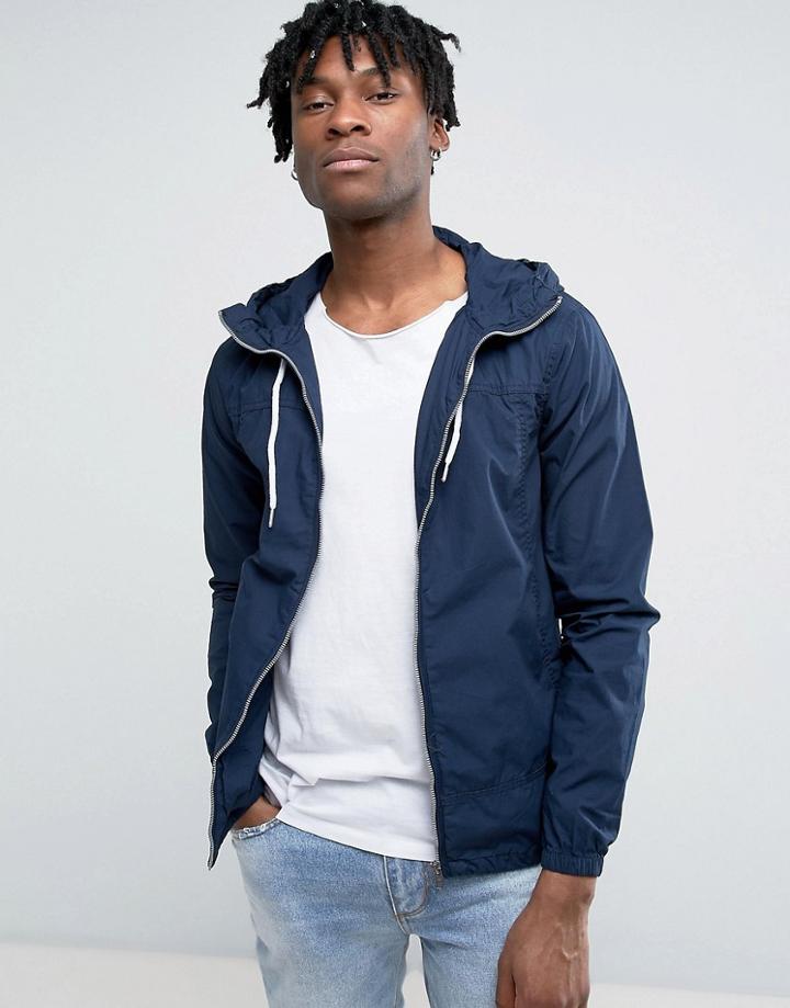 Pull & Bear Zip Through Hooded Jacket In Navy - Navy