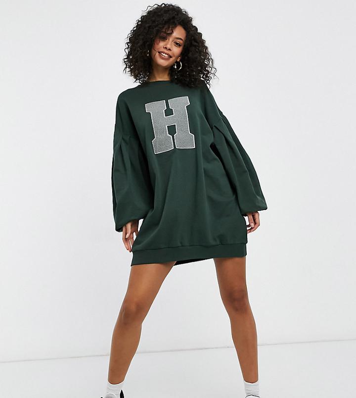 Asos Design Tall Oversized Balloon Sleeve Sweat Mini Dress With Letter Graphic In Forest Green