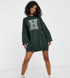 Asos Design Tall Oversized Balloon Sleeve Sweat Mini Dress With Letter Graphic In Forest Green