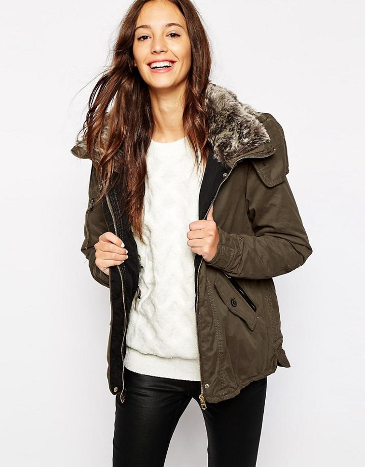 Pull & Bear Faux Fur Hooded Parka - Green