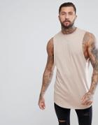 Asos Super Longline Tank With Curve Hem In Beige - Beige