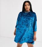 Asos Design Curve Velvet Oversized T Shirt Dress-blue