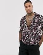 Asos Design Relaxed Tiger Print Shirt With Deep Revere - Pink