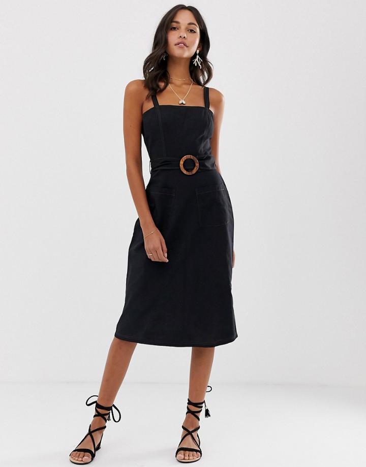 Asos Design Square Neck Linen Midi Sundress With Wooden Buckle & Contrast Stitch-black