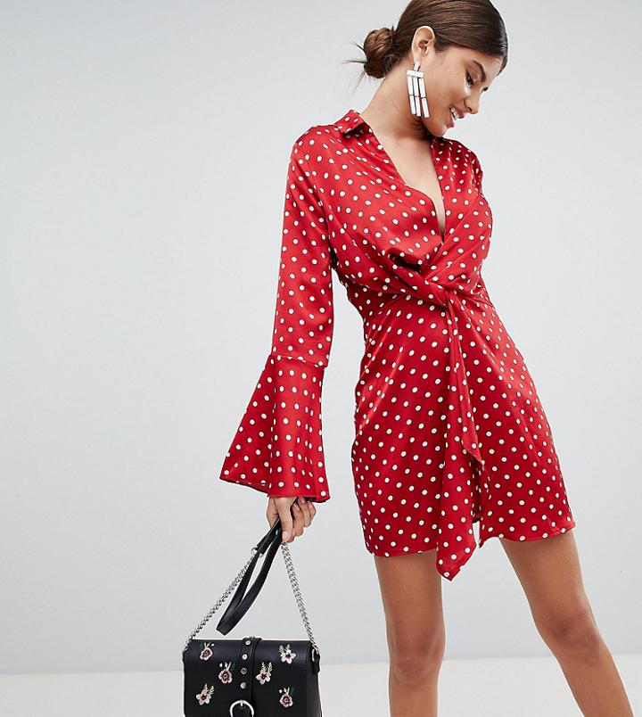 Missguided Twist Front Flare Sleeve Polka Dot Mini Dress - Red