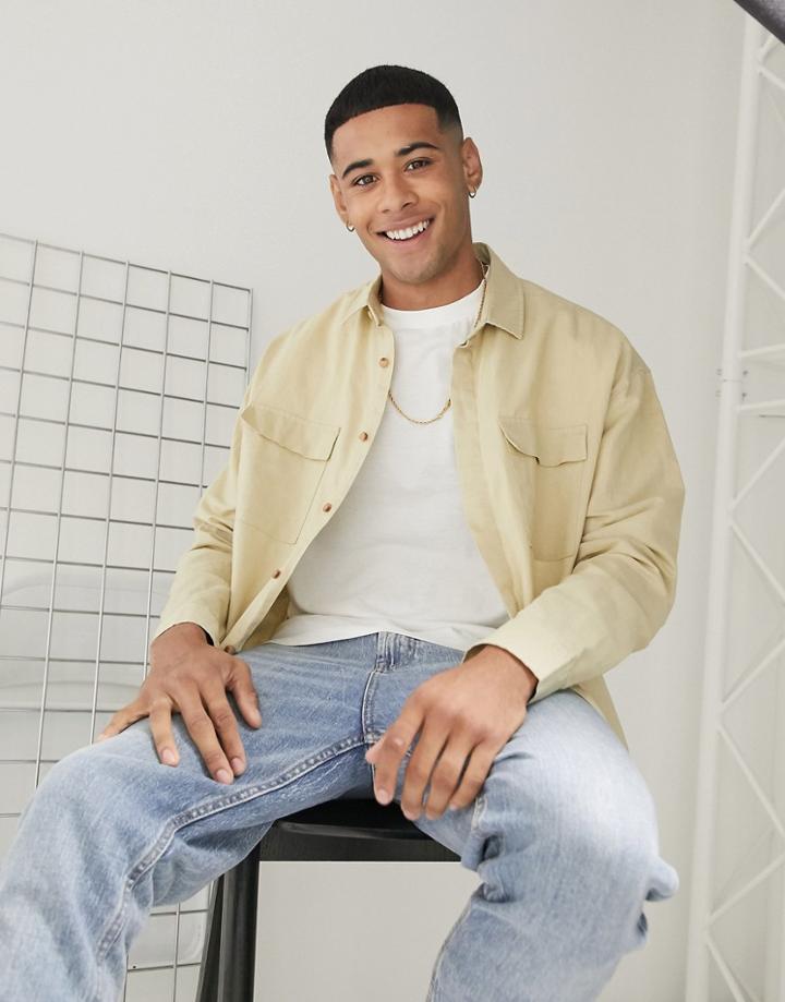 Asos Design '90s Oversized Linen Shirt With Pockets Ins Stone-neutral