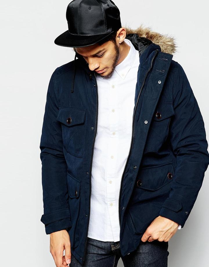 Produkt Parka With Faux Fur Hood - Navy