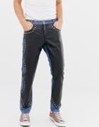 Asos Design Slim Jeans With Leather Look Overlay In Mid Wash Blue - Blue