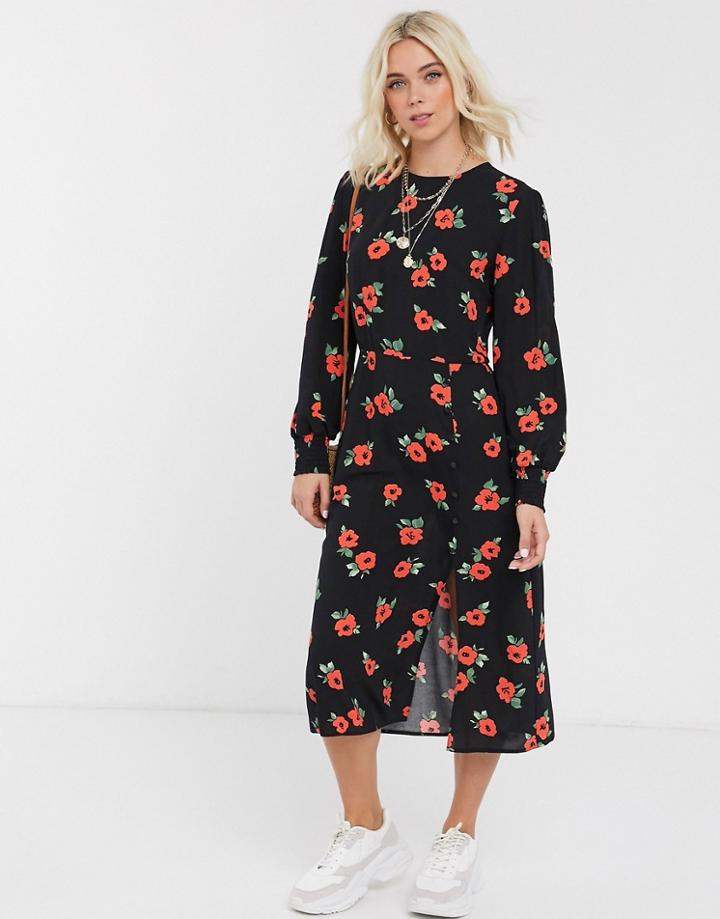 Nobody's Child Tea Dress With Balloon Sleeves And Button Detail In Rose Print-multi