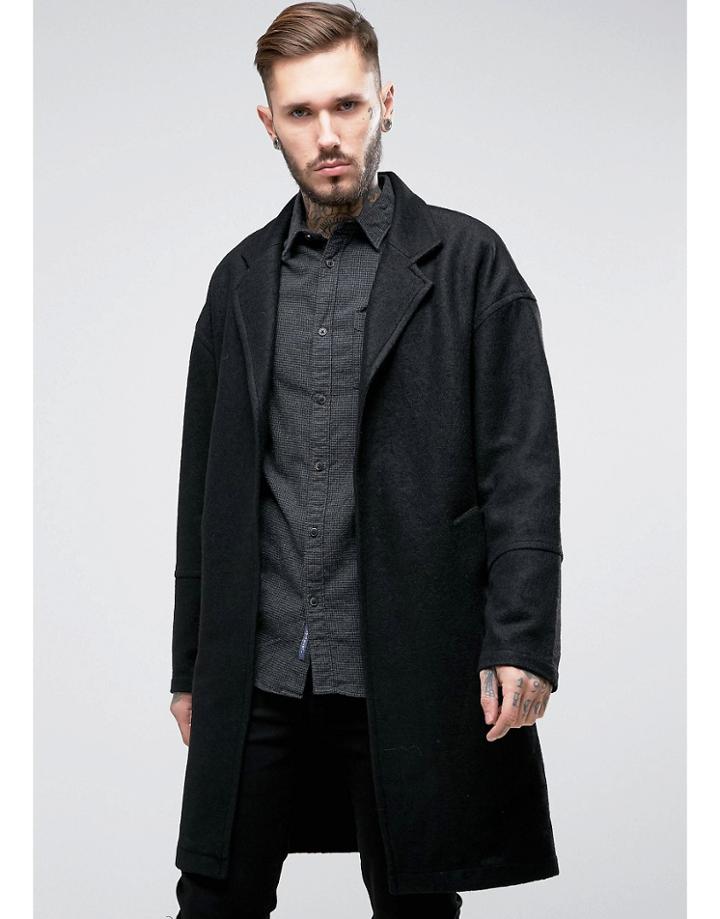 Religion Oversized Longline Overcoat - Black