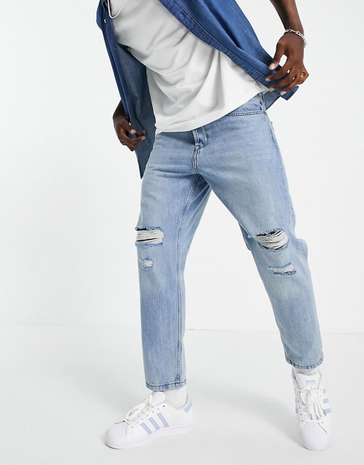 Only & Sons Tapered Fit Jean With Rips In Light Bluewash-blues