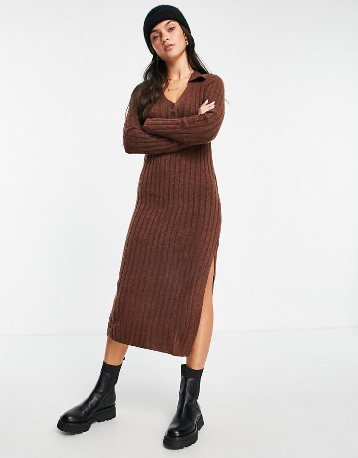 Asos Design Knitted Midi Dress With Collar And Button Front In Rust-brown