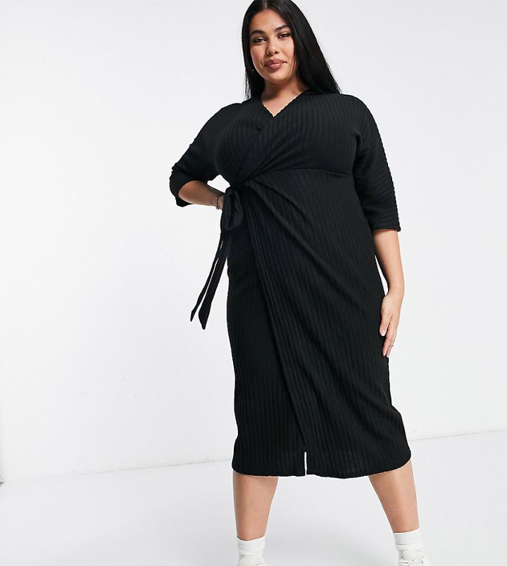 River Island Plus Cozy Wrap Knit Mini Dress In Black