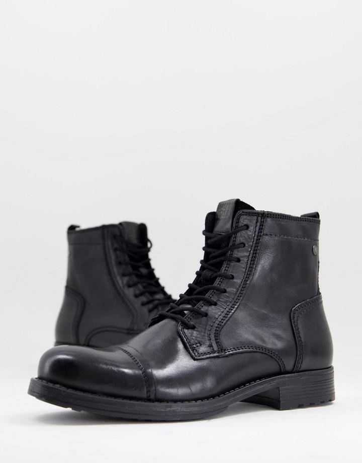 Jack & Jones Lace Up Tall Boots In Black Leather