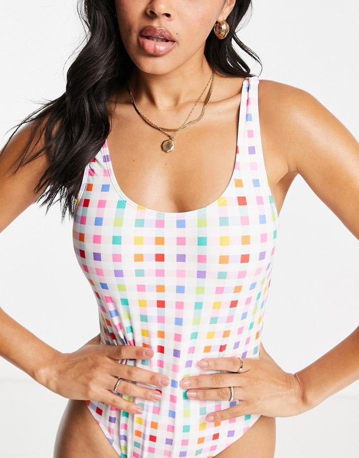Urban Threads Scoop Back Swimsuit In White And Pink Plaid