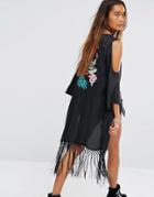 Young Bohemians Festival Kimono With Cold Shoulders And Embroidered Back Panel - Black