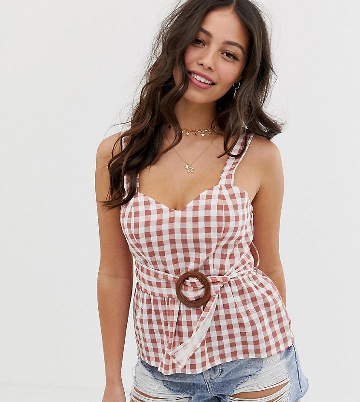 Asos Design Petite Belted Sun Top With Peplum In Check - Multi