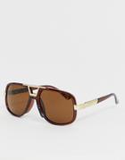 Asos Design Aviator Sunglasses In Crystal Brown With Gold Details - Brown